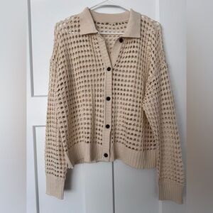 Beige Open-Knit Button-Front Women's Sweater Cardigan